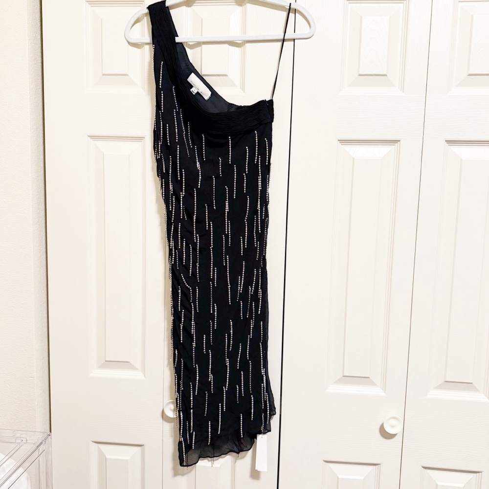 Fleur Du Mal One Shoulder Dangling Stones Rhinestone Fringe Dress in Black Large - Picture 12 of 12